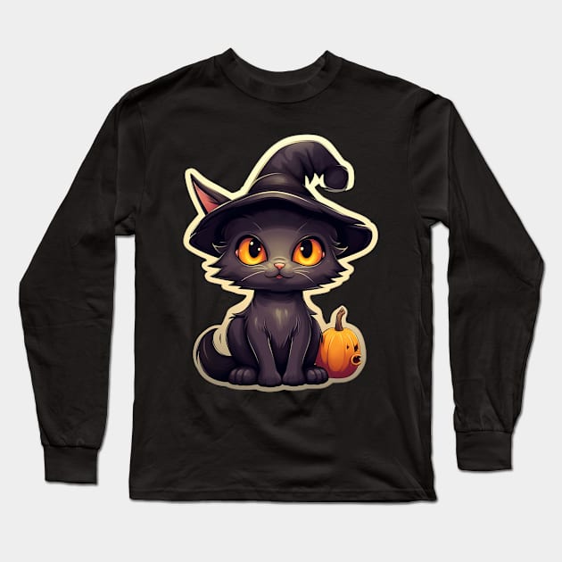Black Cat In Witches Hat - Black Cats Spooky Halloween Long Sleeve T-Shirt by fromherotozero